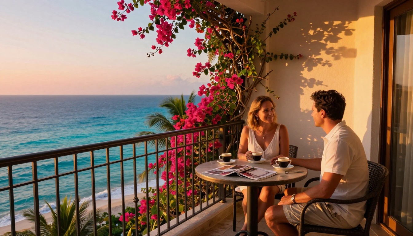 Luxury hotel suite balcony at sunrise with couple enjoying espresso and ocean view