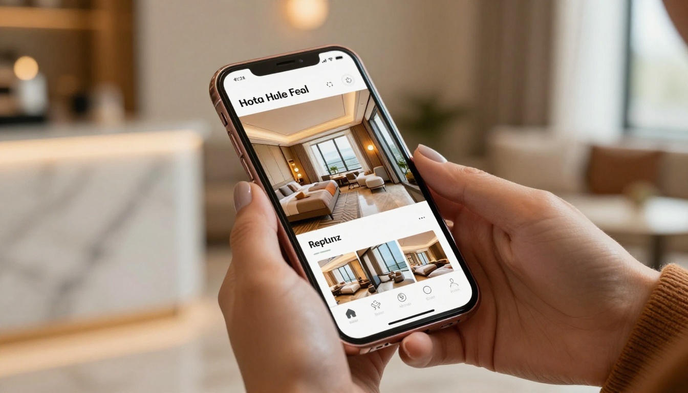 Hands holding smartphone displaying hotel digital brochure with luxury suite photography on screen