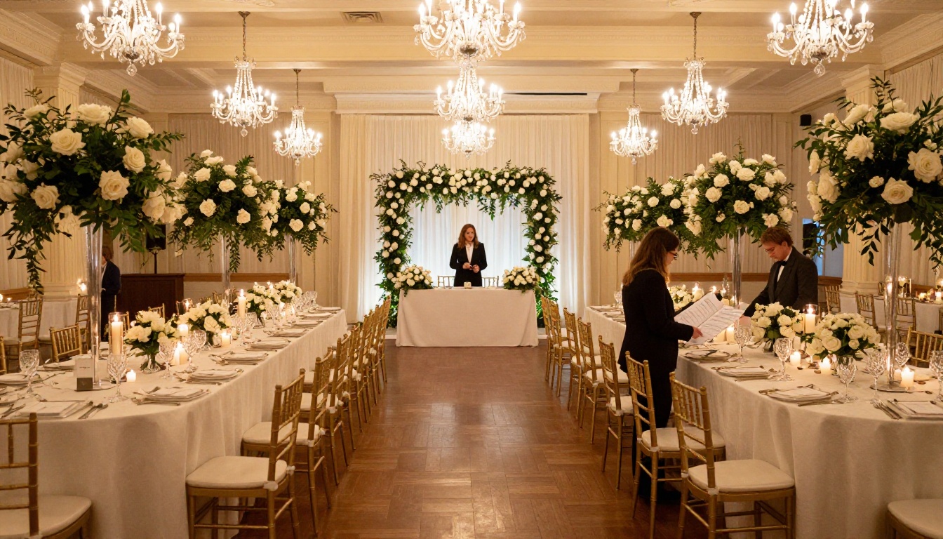 Hotel wedding reception ballroom with floral centerpieces, gold chairs, and warm chandelier lighting
