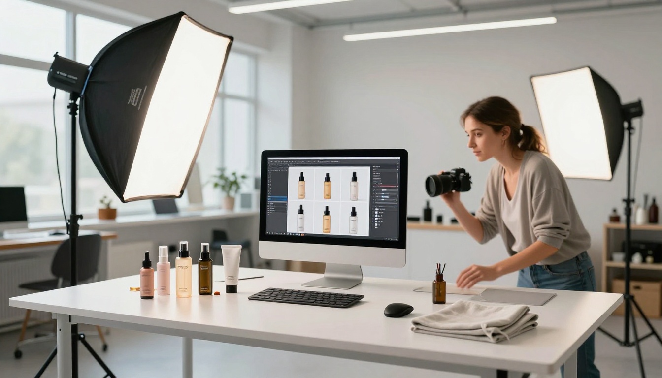 Professional ecommerce product photography studio with products arranged for catalog shooting and a digital catalog displayed on a monitor Professional ecommerce product photography studio with products arranged for catalog shooting and a digital catalog displayed on a monitor