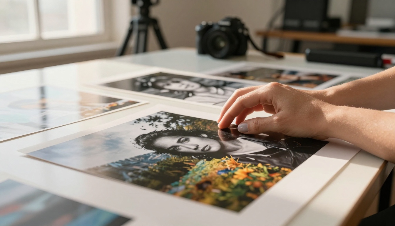 Photographer's hands carefully arranging fine art prints on a professional studio light table Photographer's hands carefully arranging fine art prints on a professional studio light table
