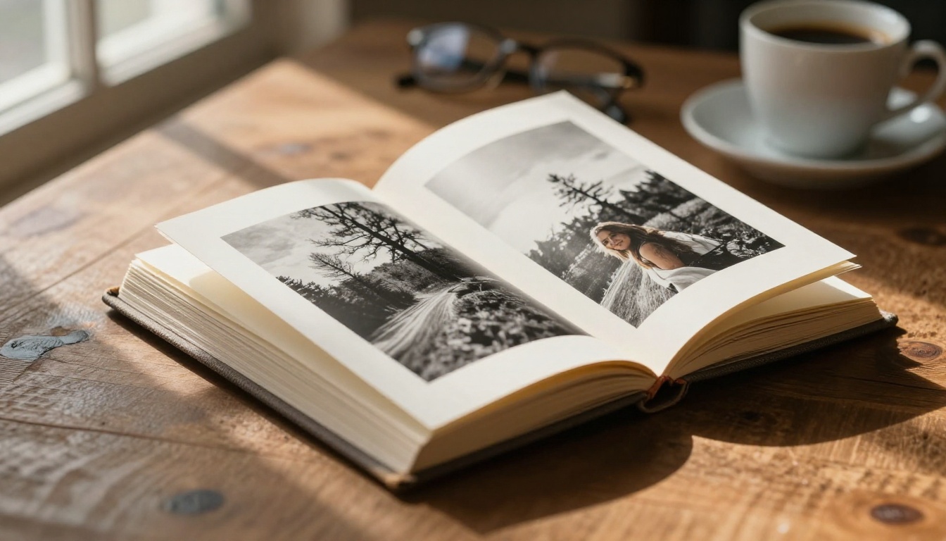 Beautiful open photography portfolio flipbook with pages caught mid-turn on a rustic wooden table Beautiful open photography portfolio flipbook with pages caught mid-turn on a rustic wooden table