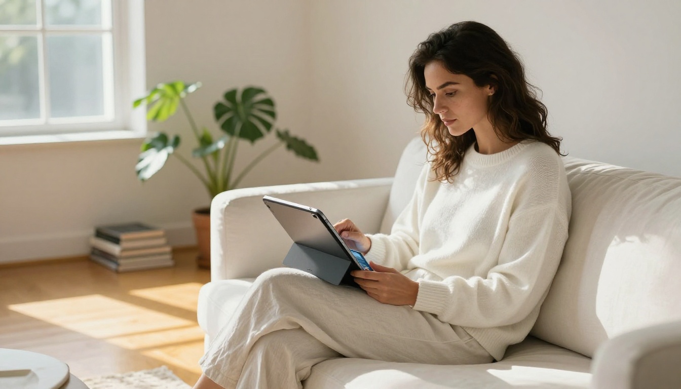 Stylish woman viewing a photography portfolio flipbook on an iPad in a bright Scandinavian living room Stylish woman viewing a photography portfolio flipbook on an iPad in a bright Scandinavian living room