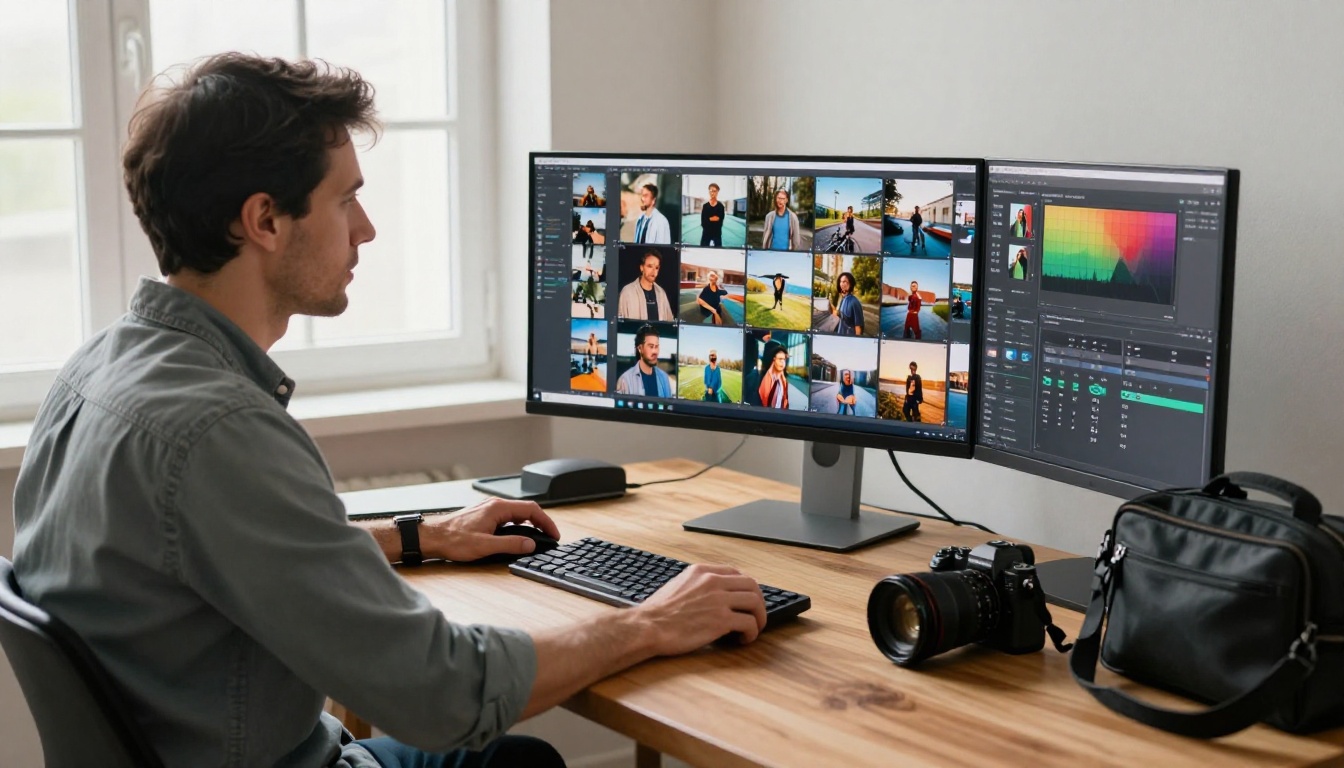 Male photographer at a wide oak desk organizing photography thumbnails on a curved monitor Male photographer at a wide oak desk organizing photography thumbnails on a curved monitor