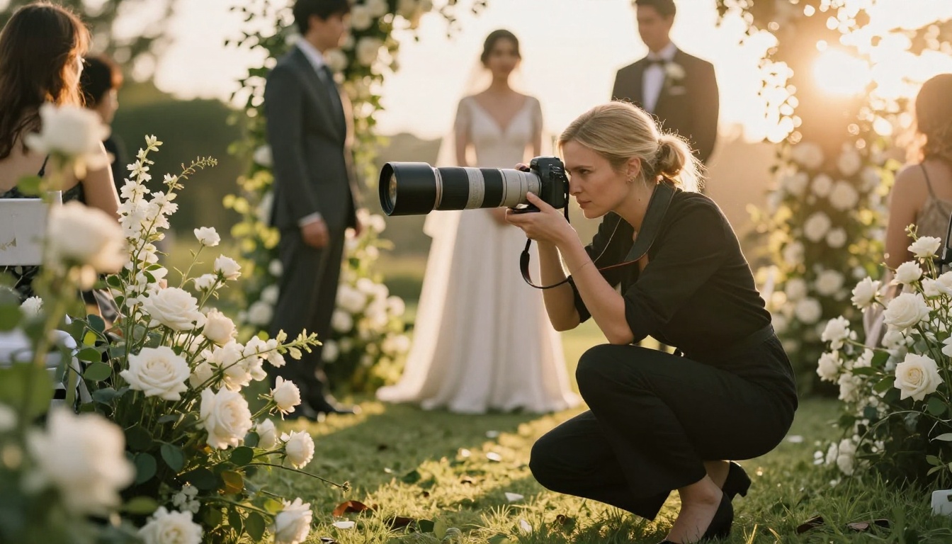 Wedding photographer crouching dynamically at an outdoor garden ceremony with golden hour backlighting Wedding photographer crouching dynamically at an outdoor garden ceremony with golden hour backlighting
