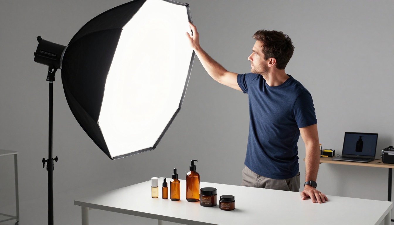 Commercial product photographer in studio adjusting a large softbox over a styled luxury product display Commercial product photographer in studio adjusting a large softbox over a styled luxury product display