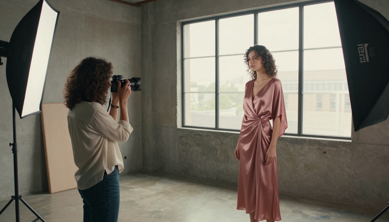 Fashion portrait photographer directing a model in a flowing dusty rose silk dress in a natural-light loft studio Fashion portrait photographer directing a model in a flowing dusty rose silk dress in a natural-light loft studio