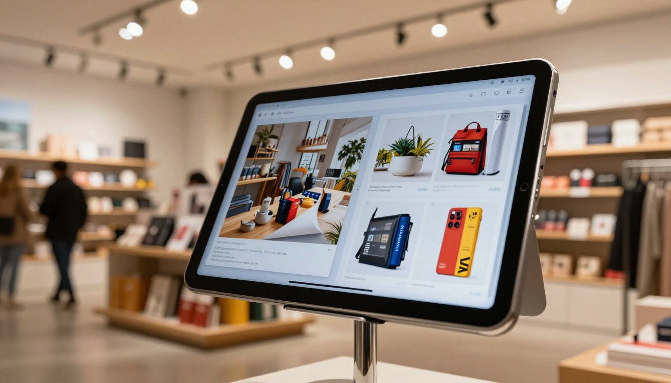 Digital product catalog displayed on a tablet in a retail store Digital product catalog displayed on a tablet in a retail store