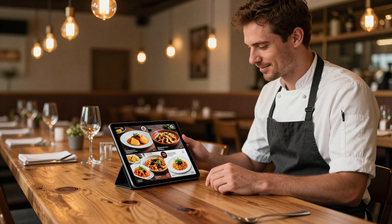 Restaurant owner reviewing a digital menu flipbook on a tablet Restaurant owner reviewing a digital menu flipbook on a tablet