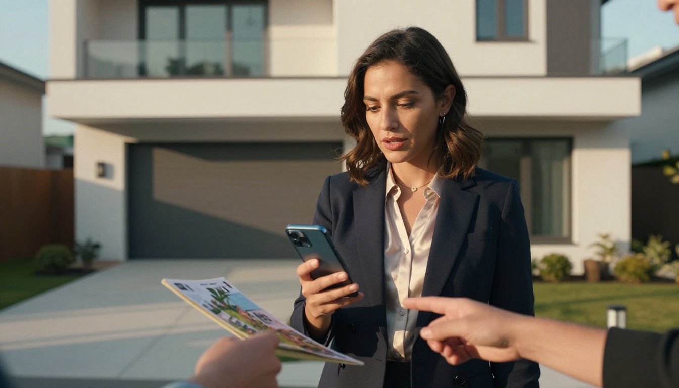 Real estate agent showing a property brochure flipbook on her smartphone Real estate agent showing a property brochure flipbook on her smartphone