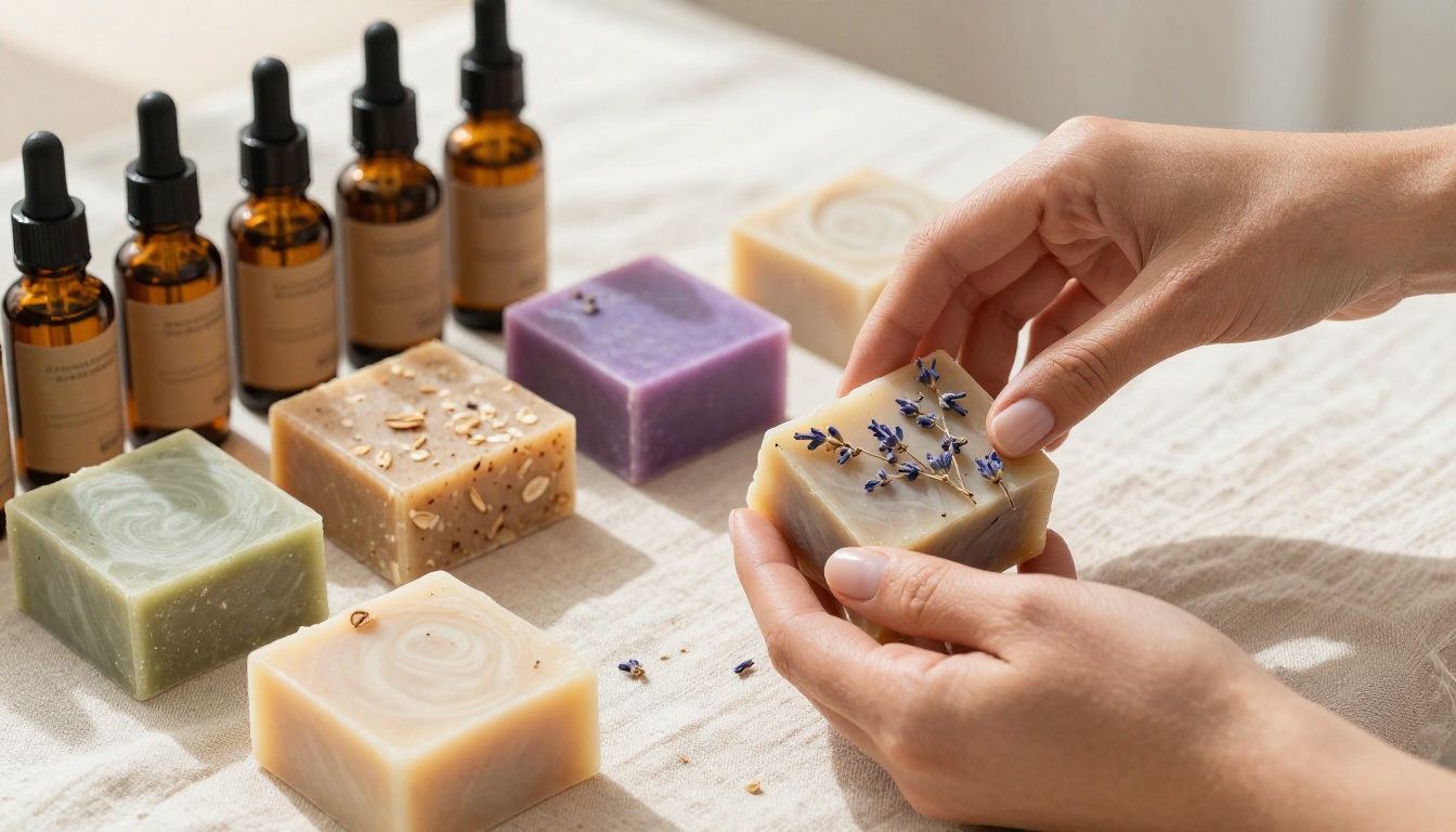 Close-up of hands arranging artisan soaps and essential oil bottles for catalog photography Close-up of hands arranging artisan soaps and essential oil bottles for catalog photography