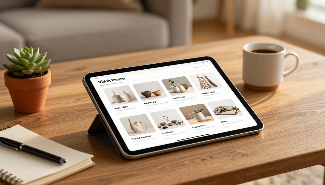 Digital Etsy product catalog displayed beautifully on an iPad on a wooden coffee table Digital Etsy product catalog displayed beautifully on an iPad on a wooden coffee table