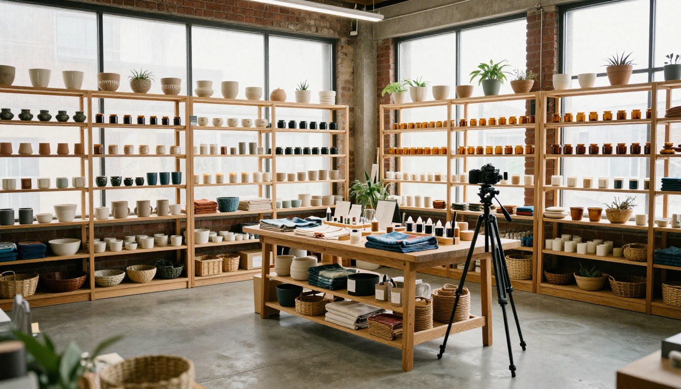 Wide view of an organized craft studio with shelving of handmade products ready for catalog photography Wide view of an organized craft studio with shelving of handmade products ready for catalog photography