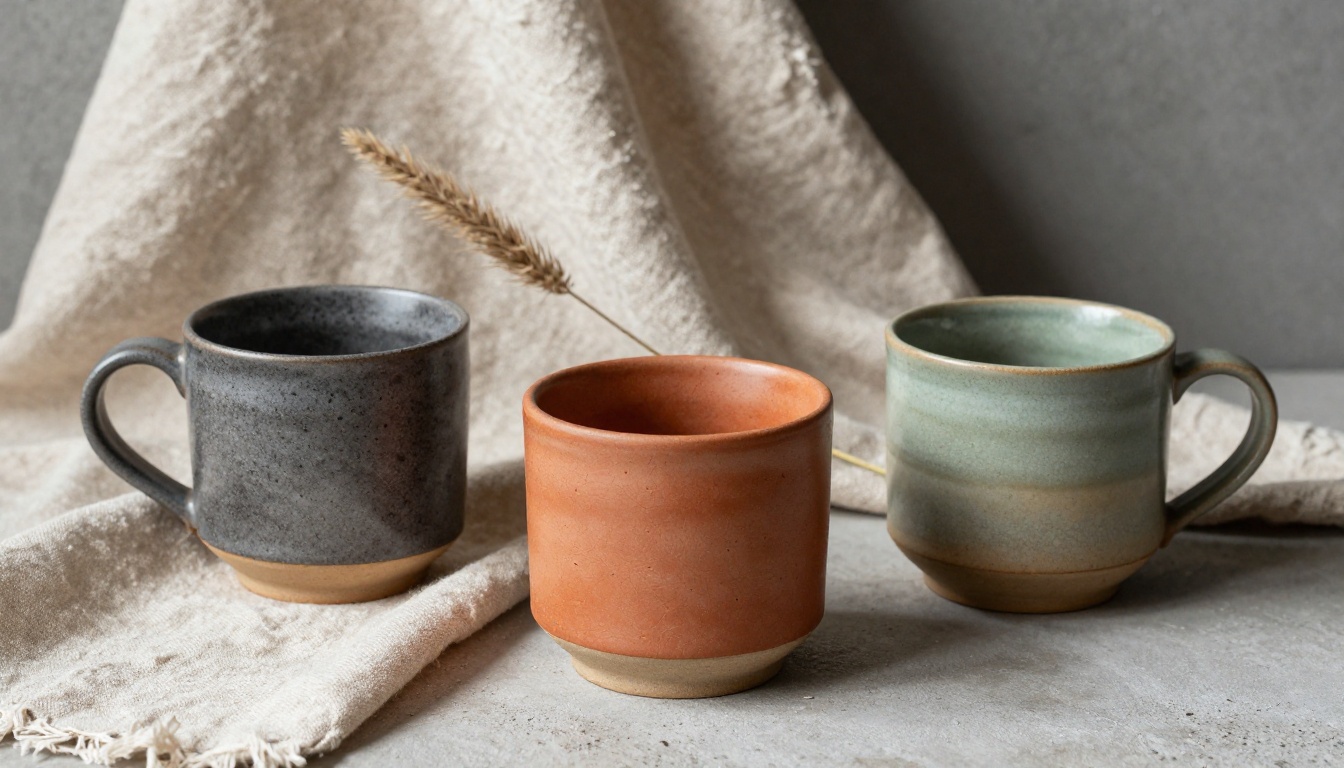 Handmade stoneware ceramic mugs arranged for professional Etsy catalog photography on a linen surface Handmade stoneware ceramic mugs arranged for professional Etsy catalog photography on a linen surface