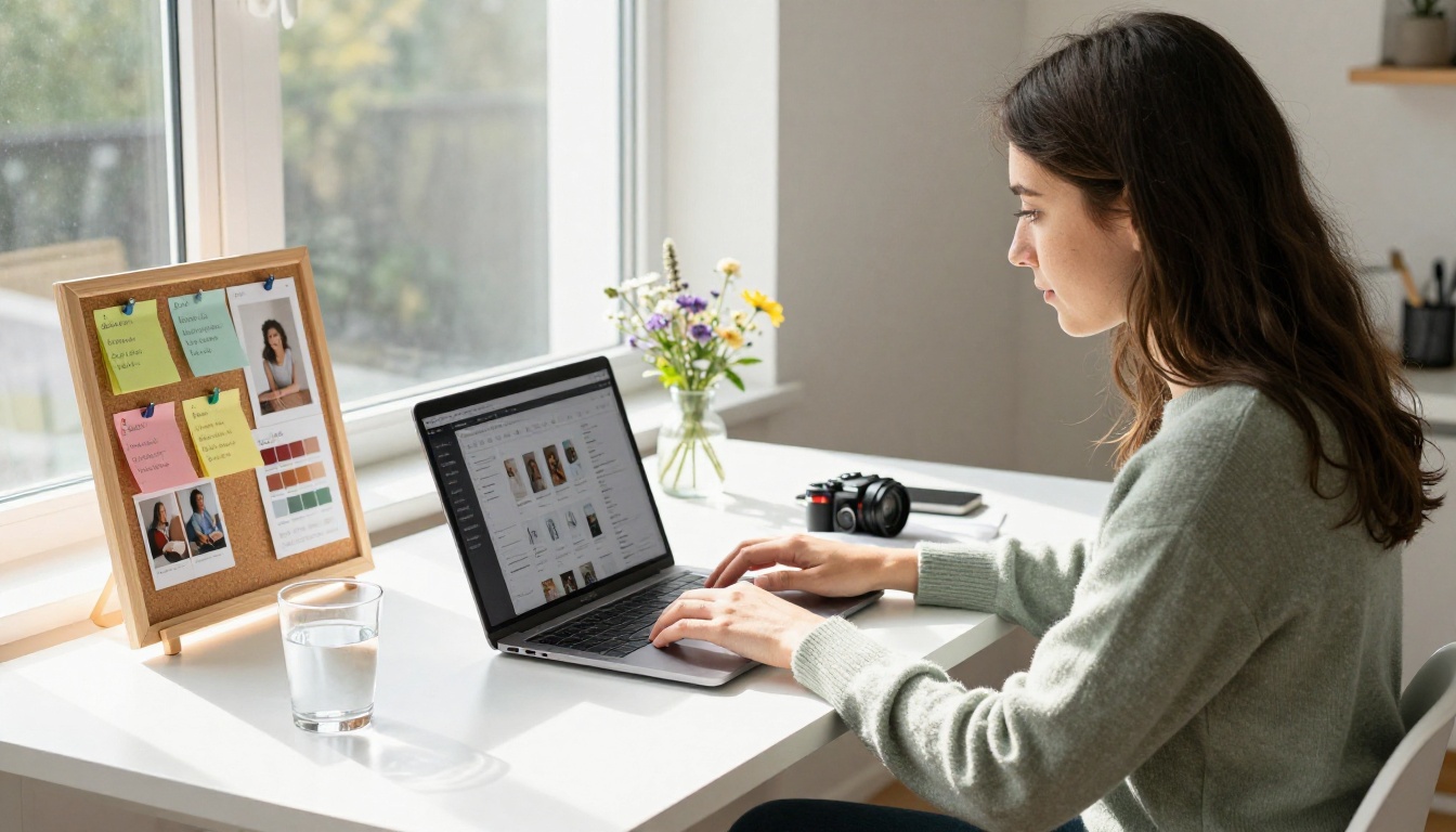 Etsy seller working on product catalog layout on a laptop in a bright home office Etsy seller working on product catalog layout on a laptop in a bright home office