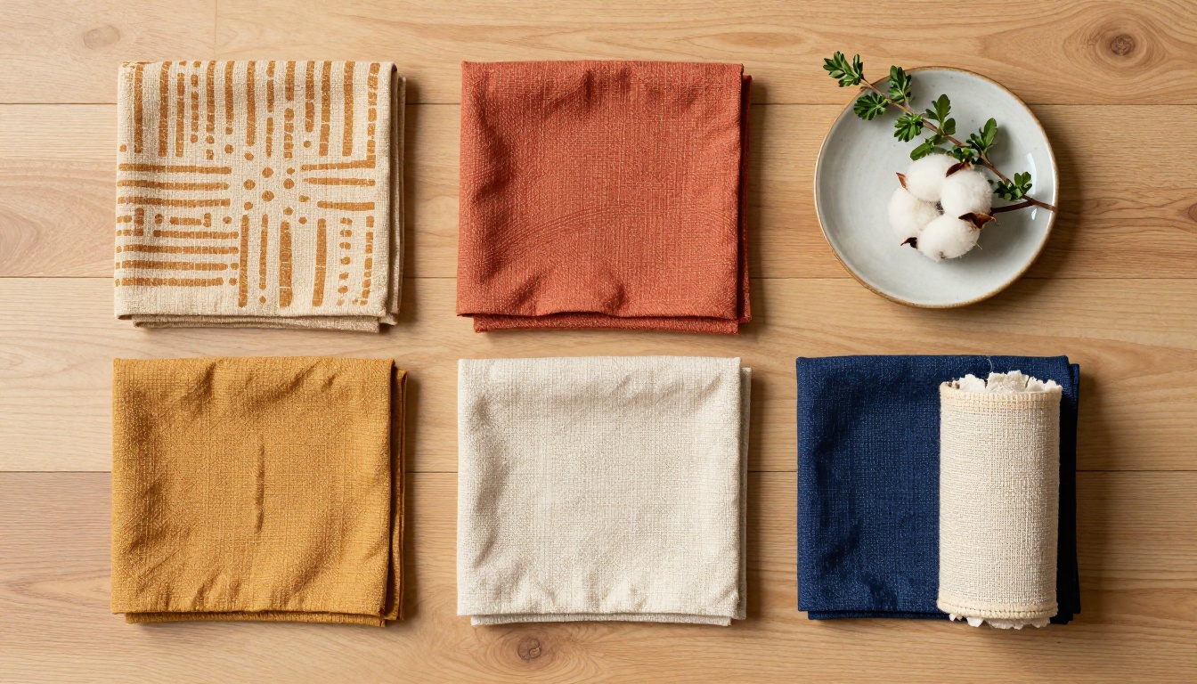 Overhead flatlay of handmade block-printed textiles arranged for an Etsy catalog shoot Overhead flatlay of handmade block-printed textiles arranged for an Etsy catalog shoot