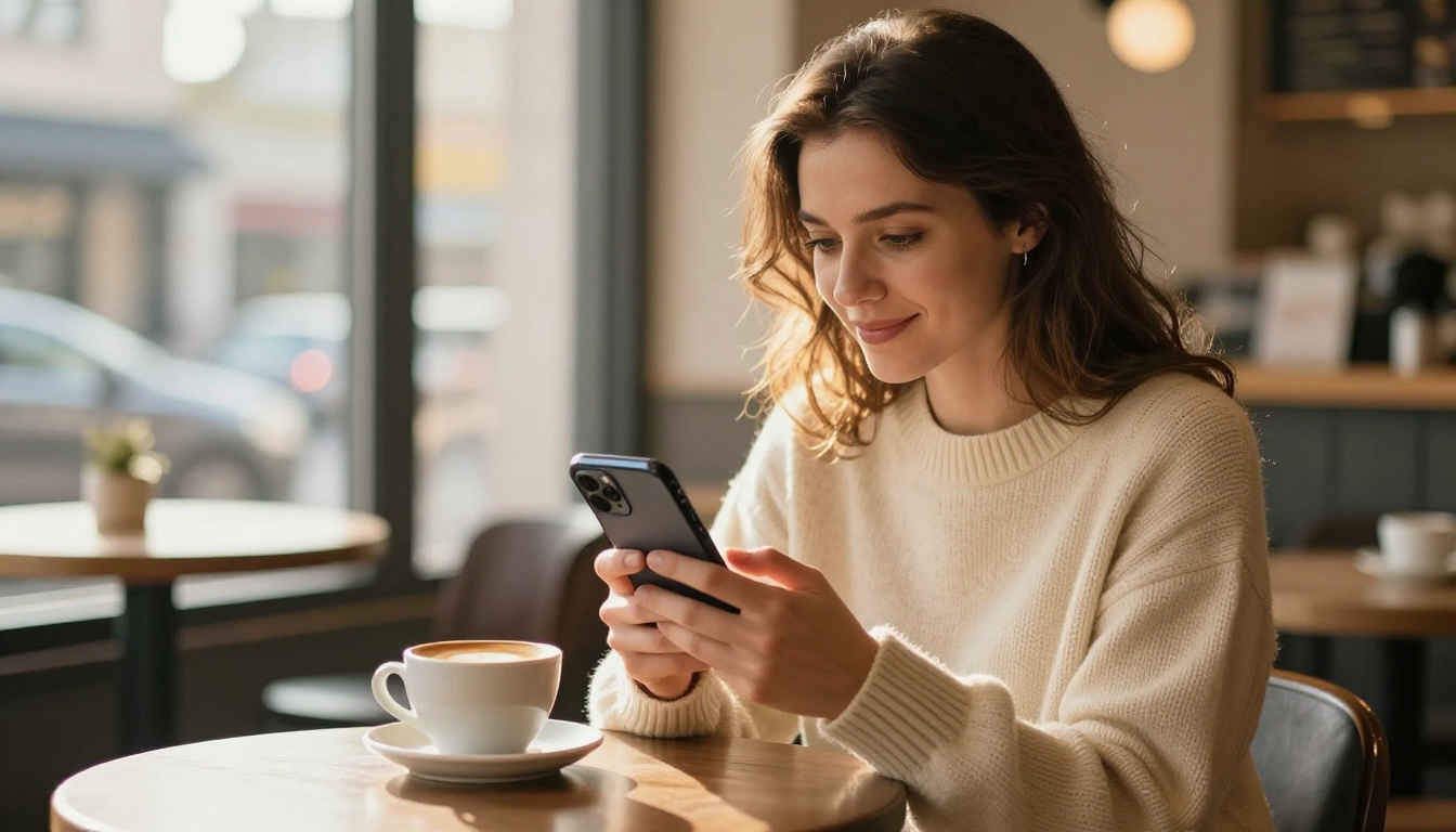 Woman browsing a digital Etsy product catalog on her smartphone in a warm sunlit coffee shop Woman browsing a digital Etsy product catalog on her smartphone in a warm sunlit coffee shop