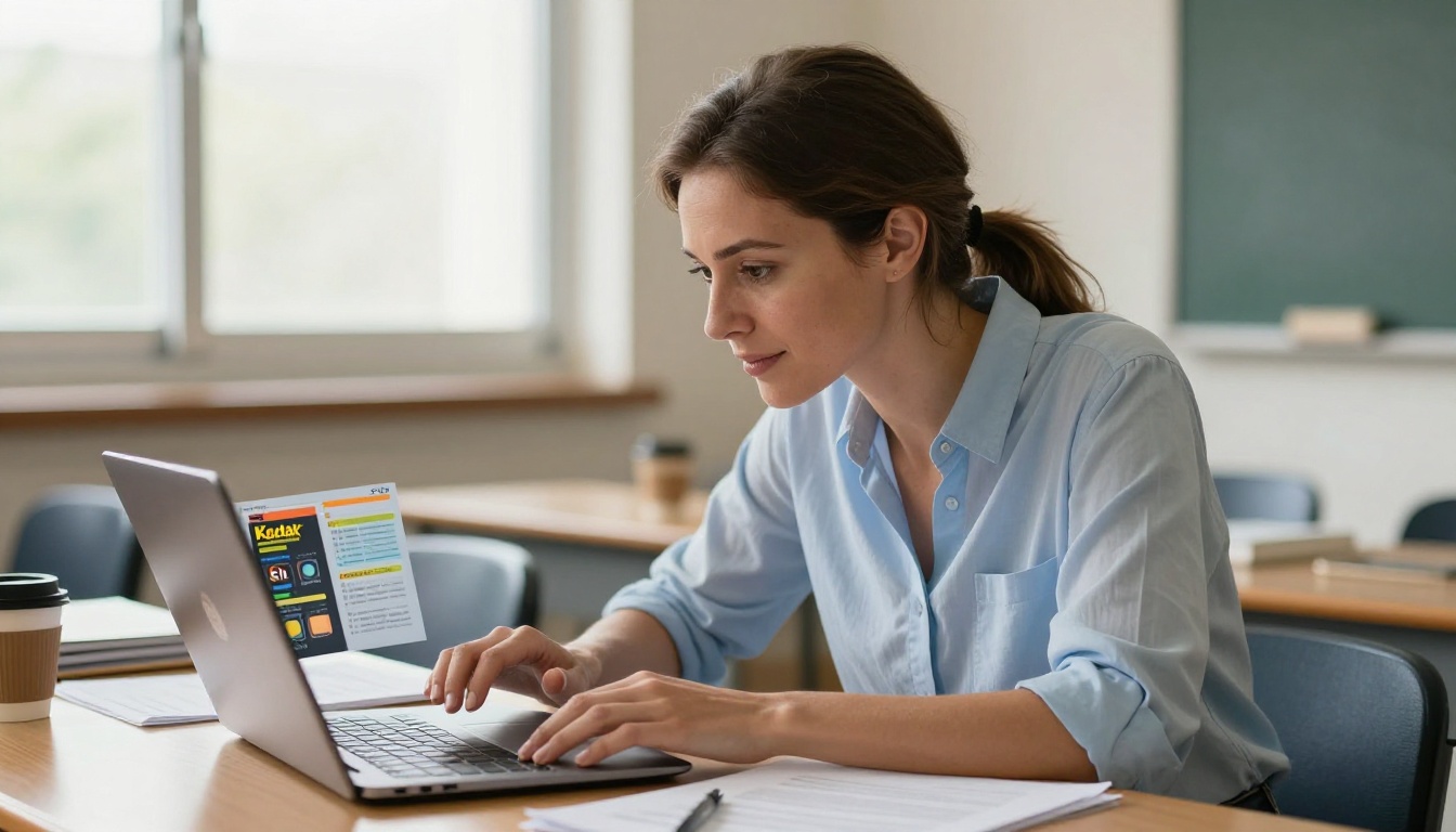 Teacher reviewing digital flipbook content on a classroom laptop