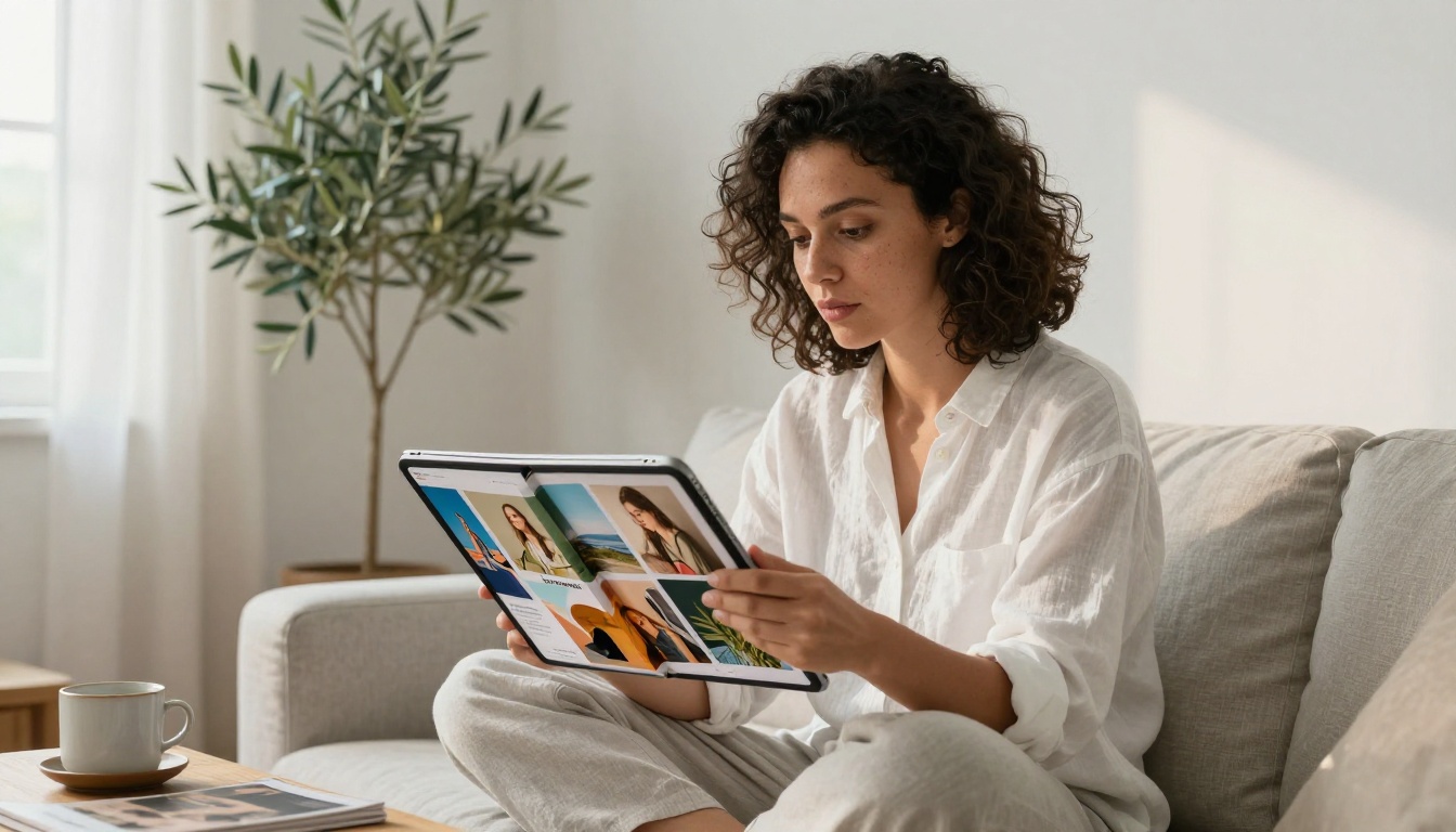 Woman absorbed in reading a digital flipbook on iPad in a bright Scandinavian living room Woman absorbed in reading a digital flipbook on iPad in a bright Scandinavian living room