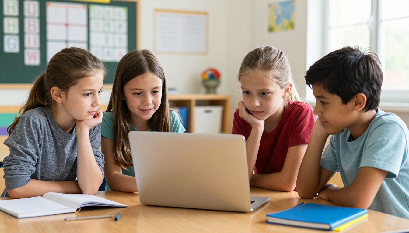 Students gathered around a classroom laptop exploring digital content together