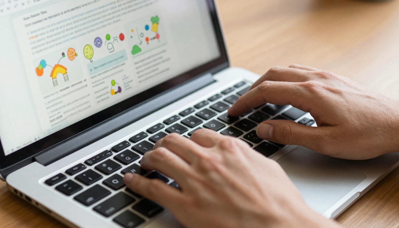 Close-up of hands uploading a PDF document on a laptop keyboard