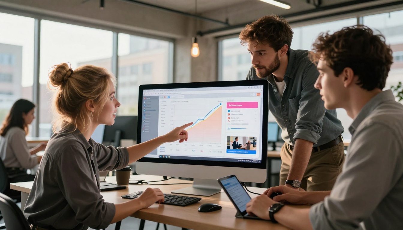 Marketing team analyzing share spikes on social media dashboard in modern open-plan office Marketing team analyzing share spikes on social media dashboard in modern open-plan office