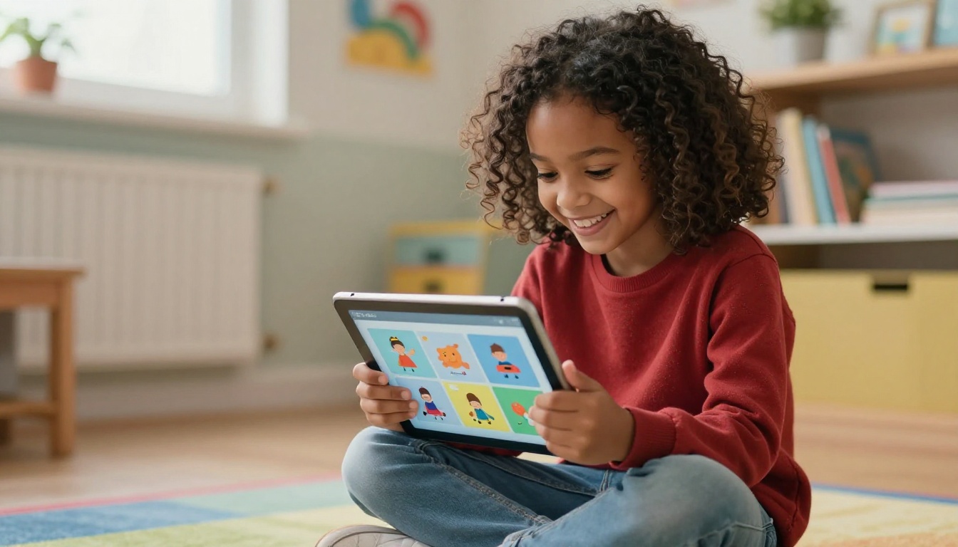 Young student smiling while reading an interactive digital flipbook on a tablet