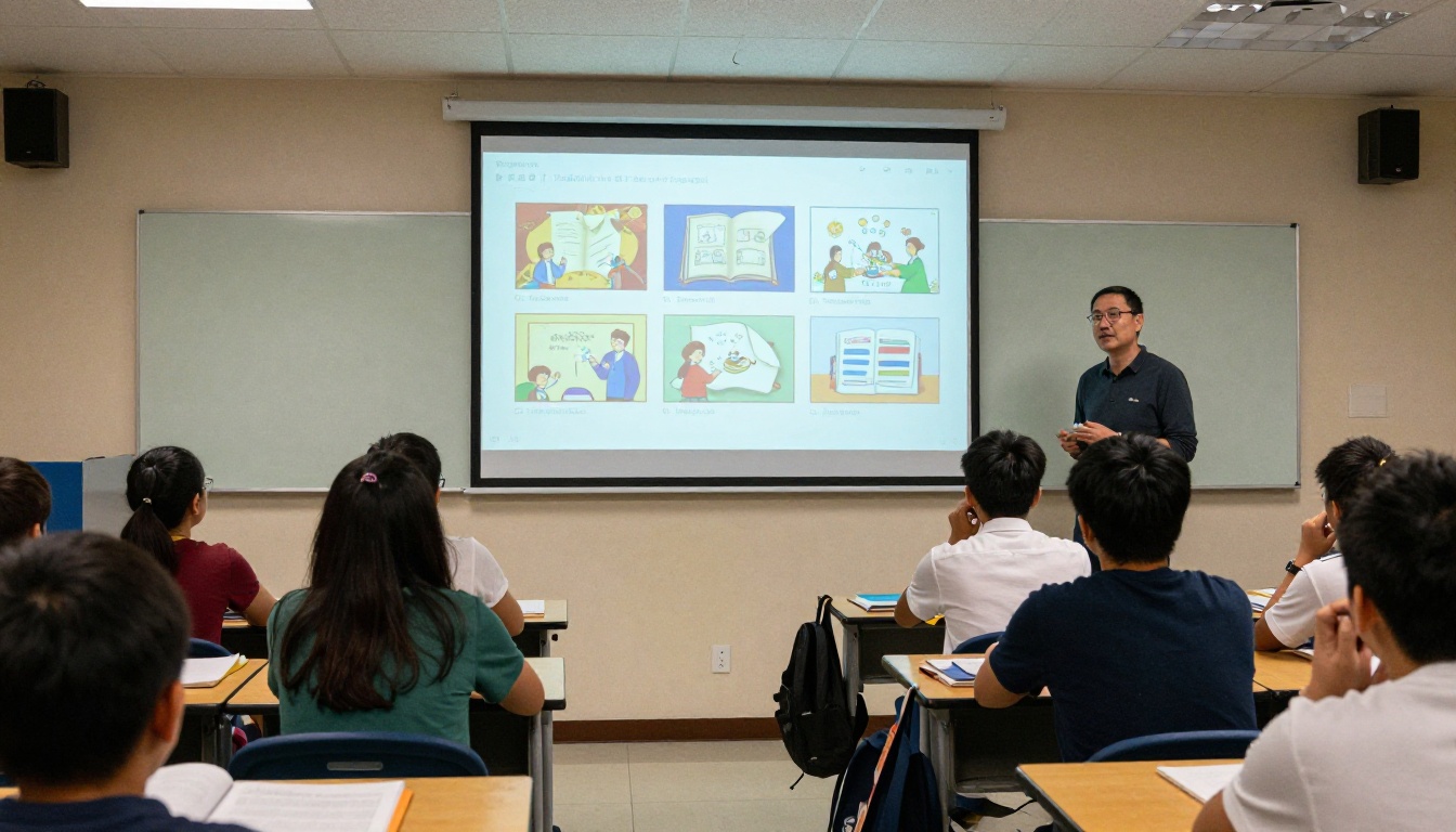 Teacher presenting a digital flipbook on a classroom projector screen to attentive students