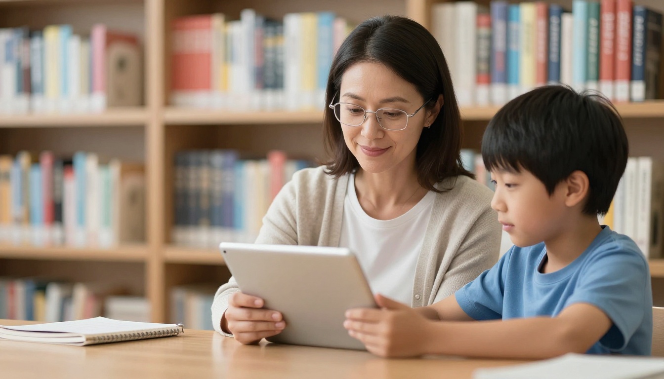 School librarian handing a tablet to a young student among library shelves