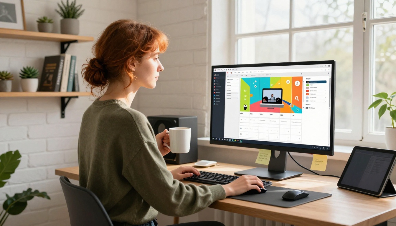 Woman at standing desk managing social content calendar with flipbook analytics visible on screen Woman at standing desk managing social content calendar with flipbook analytics visible on screen