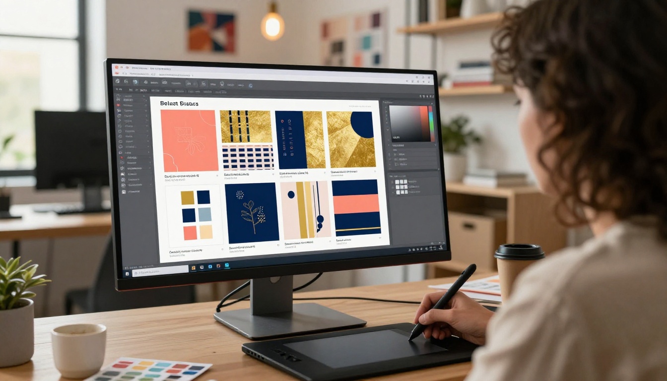 Designer customizing brochure colors and branding on an ultrawide monitor