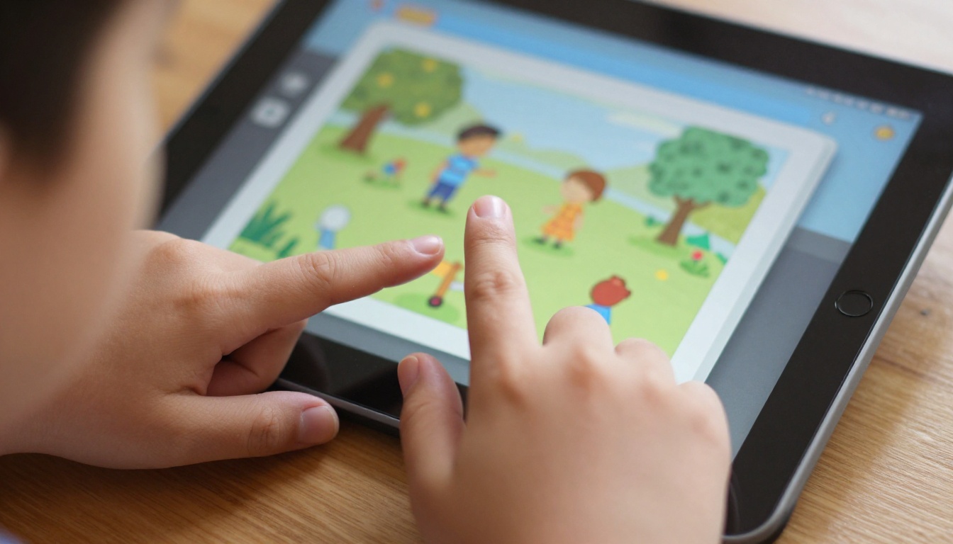 Close-up of a child's finger pressing a tablet screen showing a page-turn animation on a digital flipbook