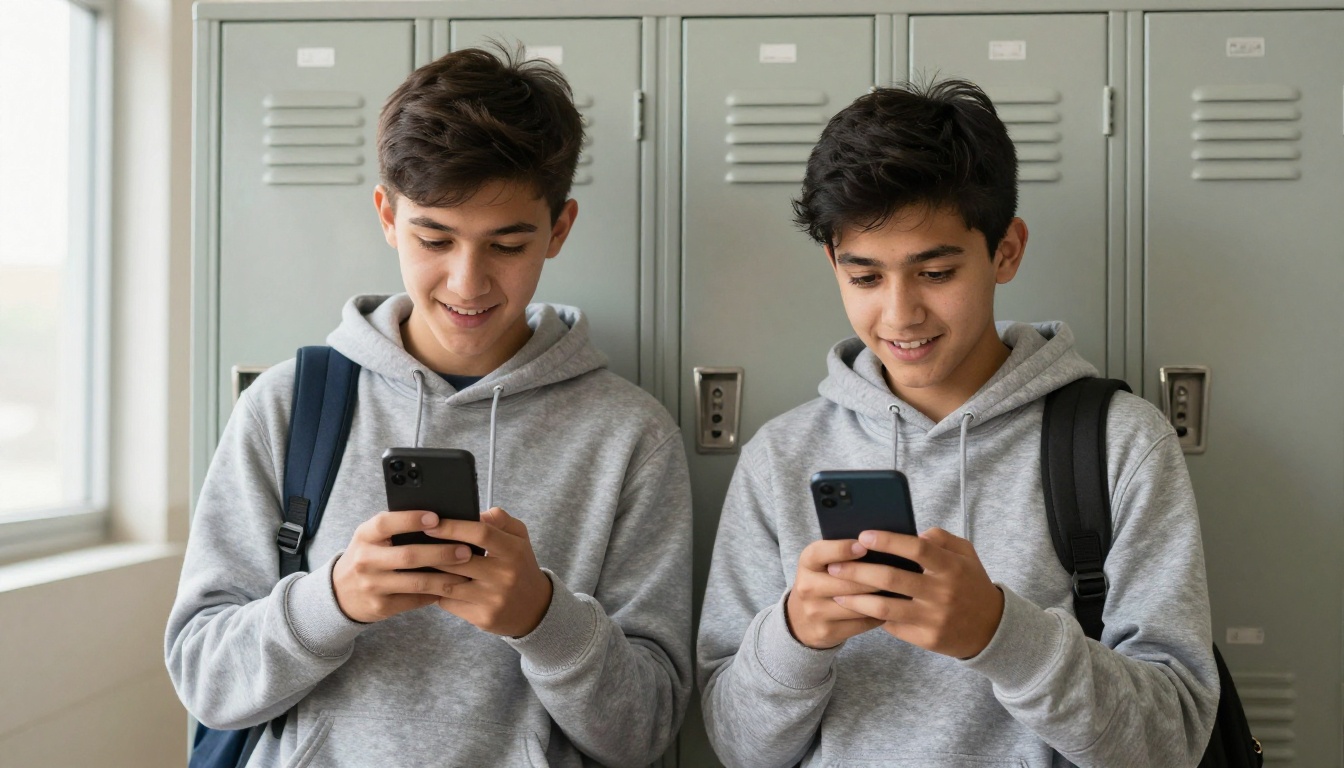 Two teenage students in a school hallway viewing shared content on smartphones with engaged smiles