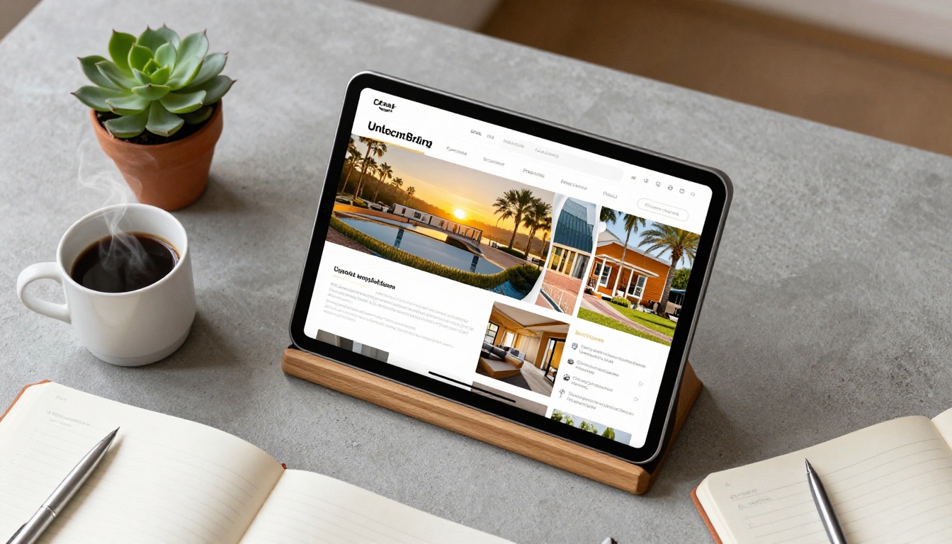 Aerial flat-lay of a tablet displaying a digital brochure with page-turn animation