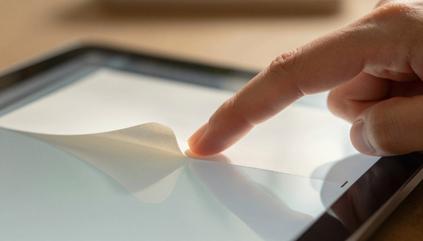Macro close-up of finger touching tablet screen at the moment of page turn with realistic curl shadow Macro close-up of finger touching tablet screen at the moment of page turn with realistic curl shadow
