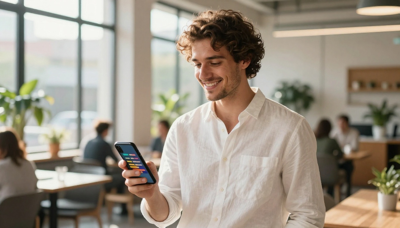 Entrepreneur sharing a digital brochure from his smartphone in a co-working space