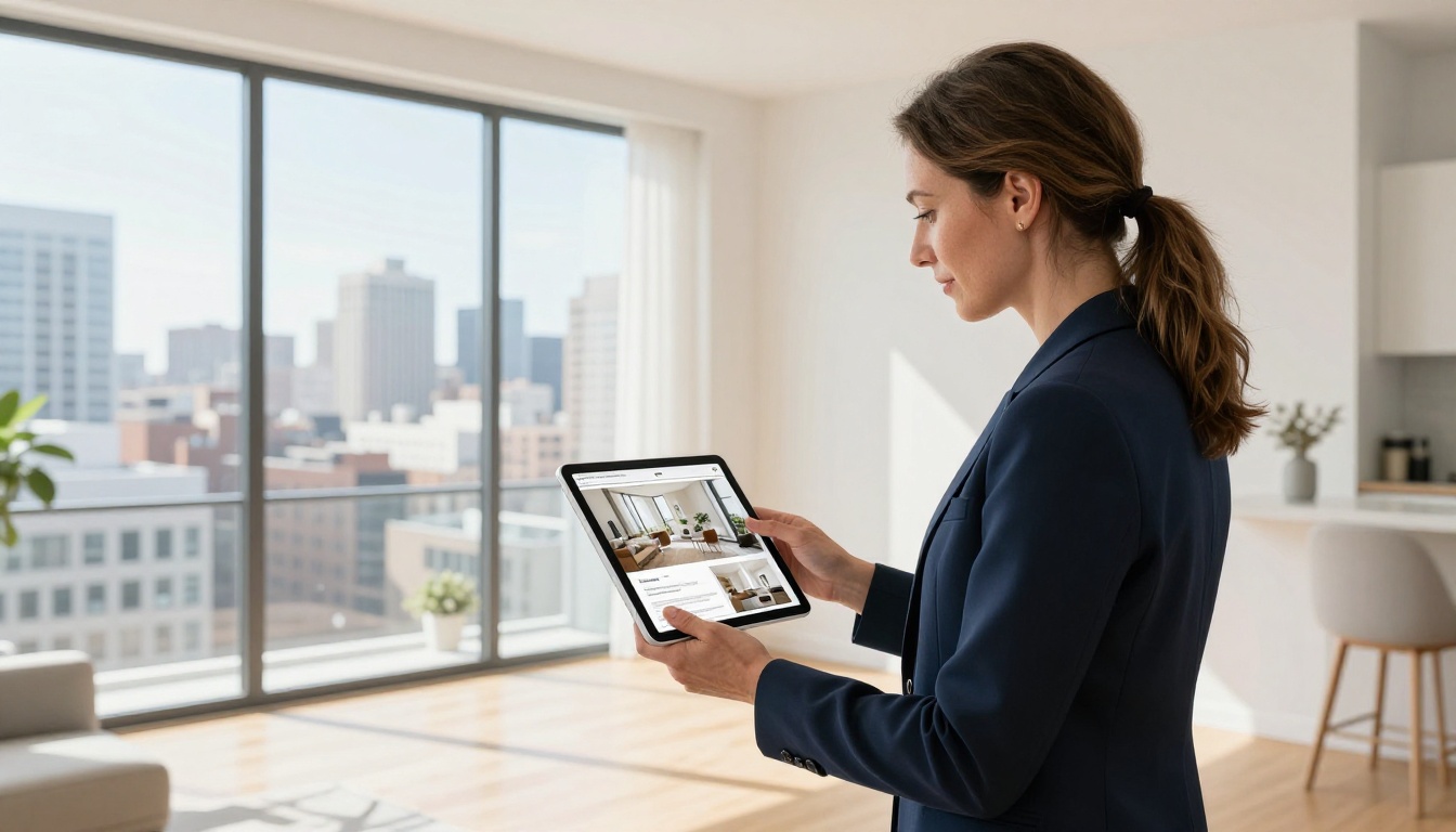 Real estate agent presenting a digital property brochure on an iPad to a couple