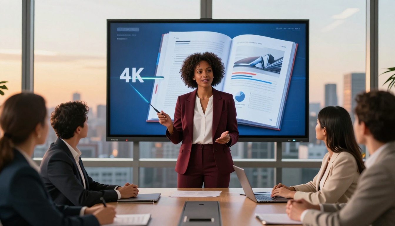 Businesswoman presenting digital flipbook on large screen in corporate boardroom at golden hour Businesswoman presenting digital flipbook on large screen in corporate boardroom at golden hour