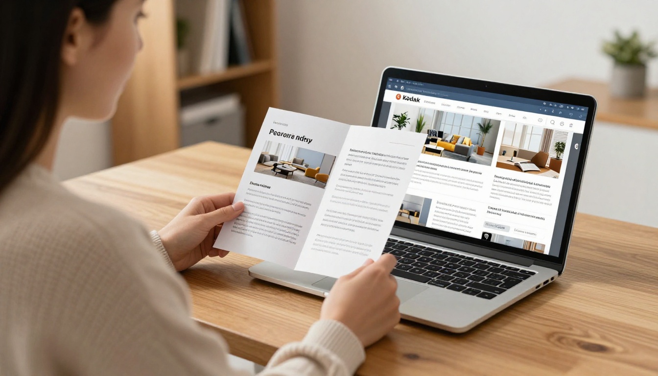 A woman comparing a printed brochure to a digital flipbook on her laptop screen