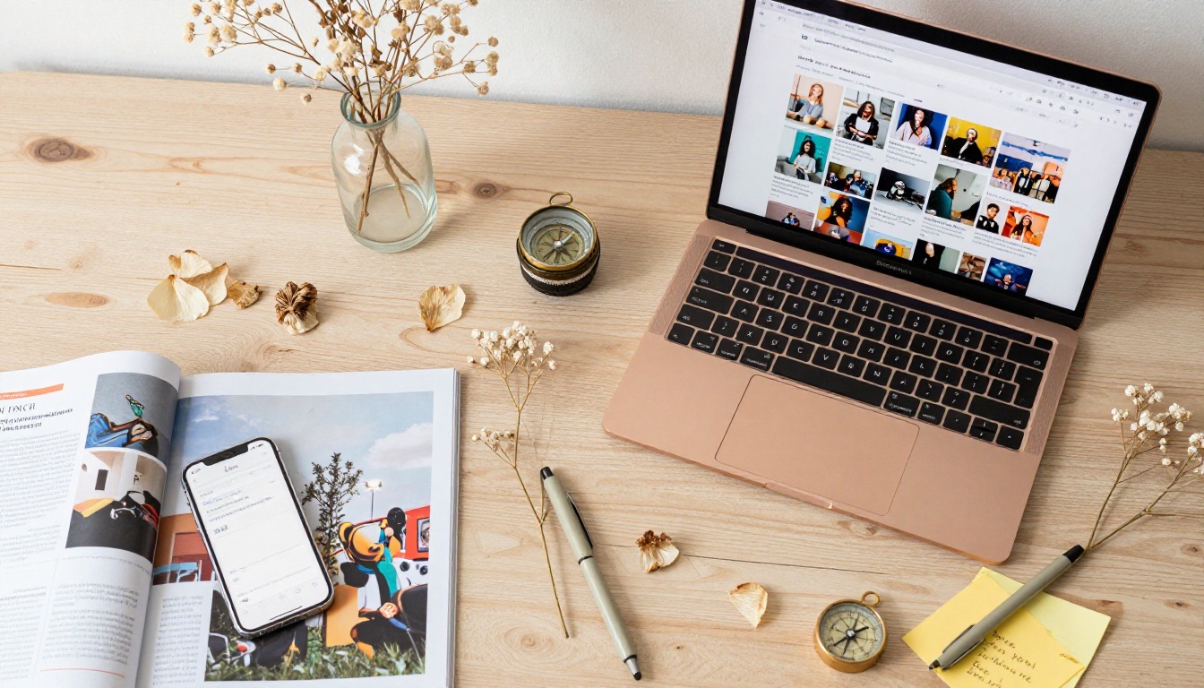 Creative workspace flat-lay with MacBook showing social media feed with flipbook content, surrounded by design elements Creative workspace flat-lay with MacBook showing social media feed with flipbook content, surrounded by design elements