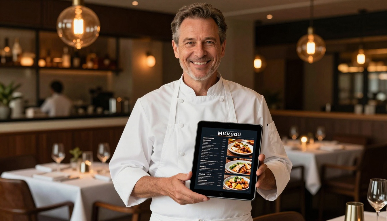 Restaurant owner showing a digital menu brochure on a tablet at the host stand