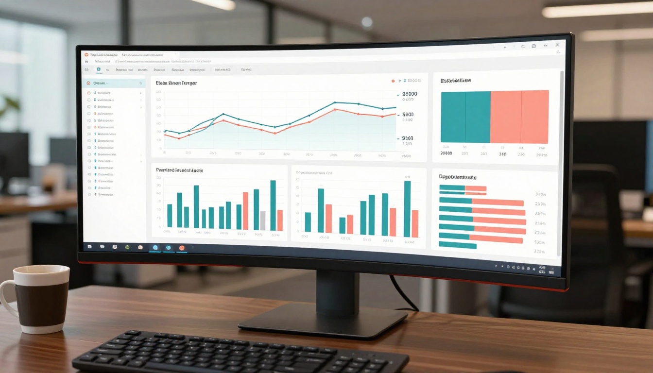 Marketing professional reviewing brochure analytics on a curved ultrawide monitor