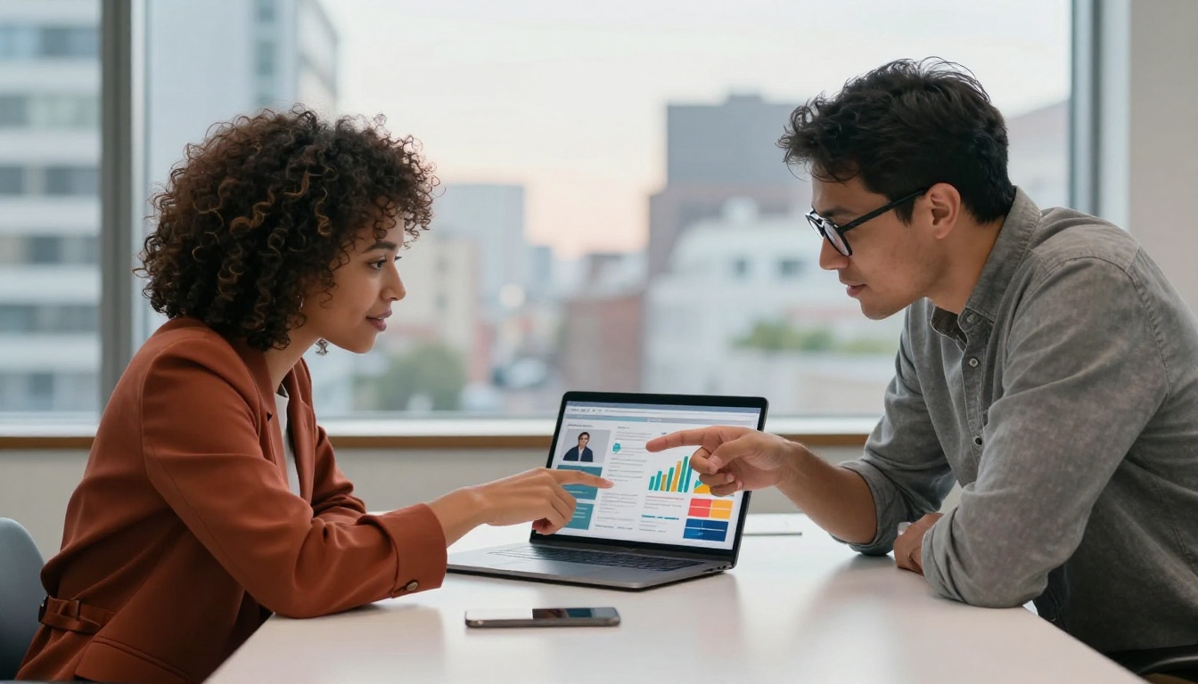 Two marketing professionals collaborating over a digital brochure on a laptop in a conference room