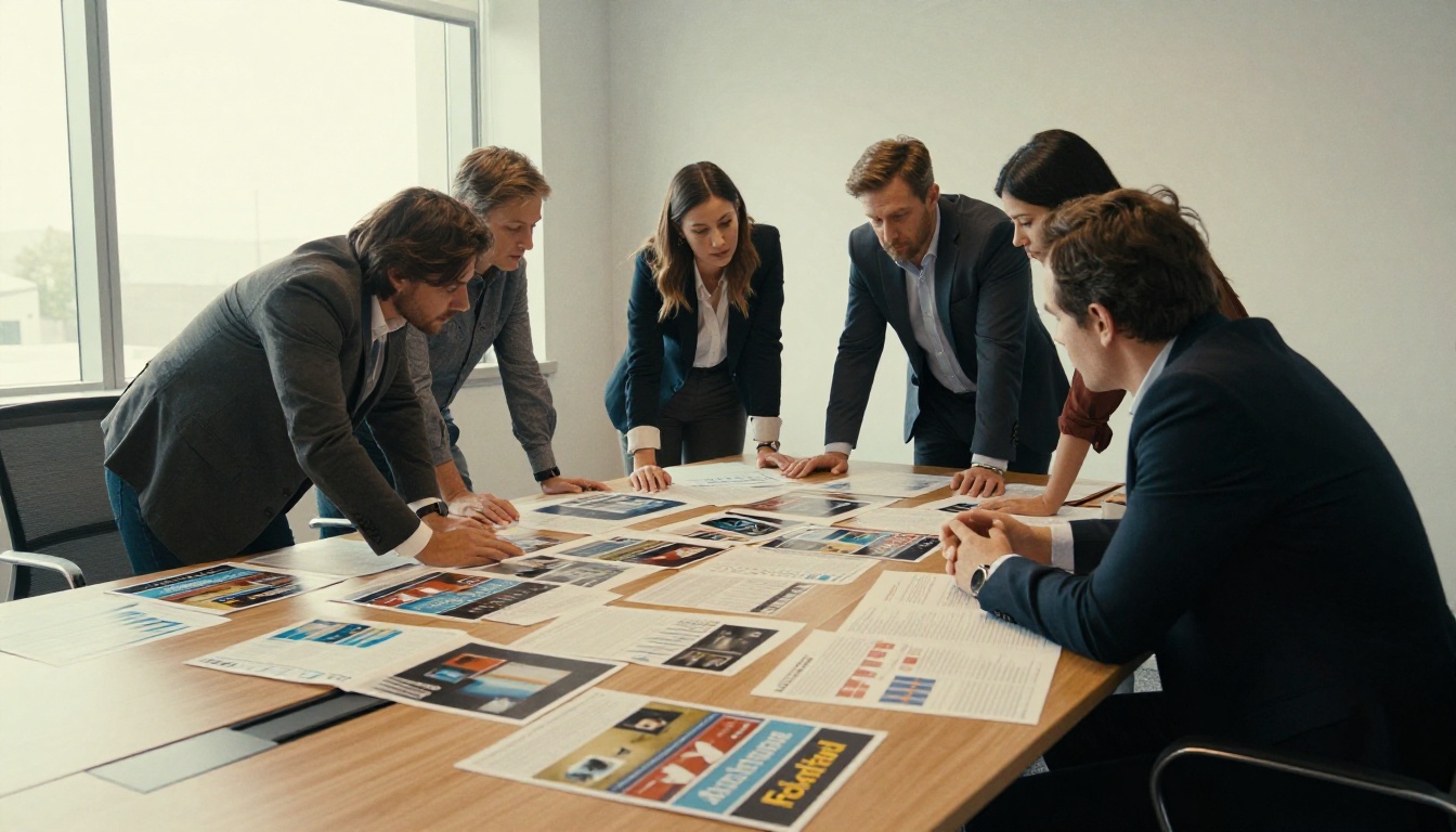 Business professionals reviewing scattered printed annual reports on a conference table