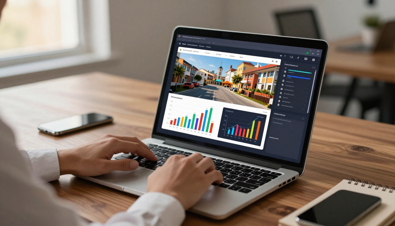 Laptop screen showing an open interactive digital flipbook with vibrant charts and data visualizations