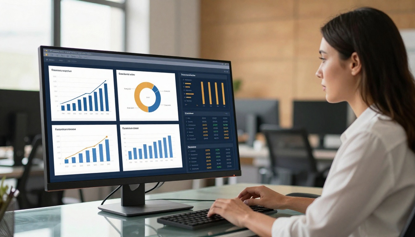 Female business analyst reviewing data visualizations on a large ultrawide monitor at her desk