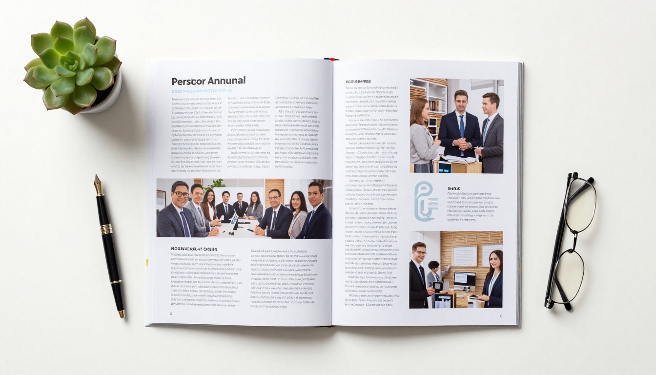 Flat-lay aerial view of a corporate annual report with infographics spread open on a white desk