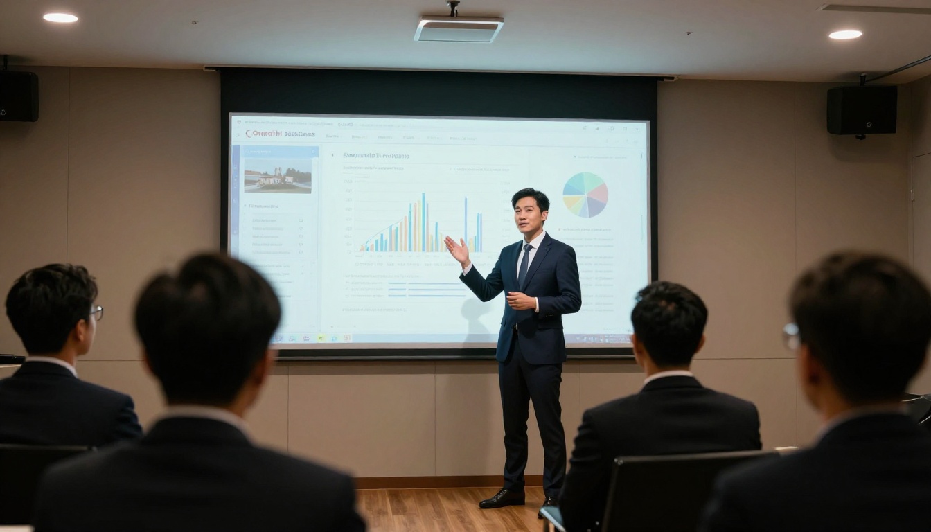 A male executive presenting a company performance report to a boardroom audience