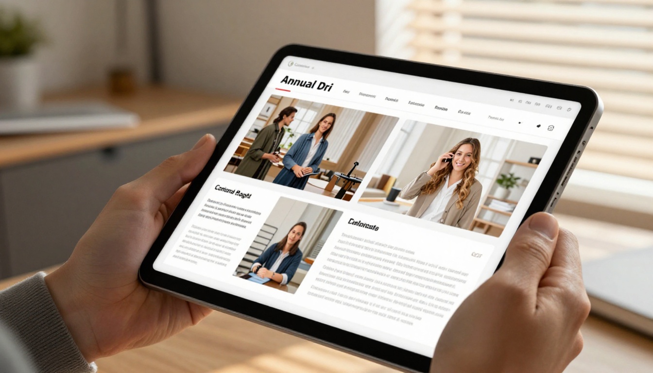 Hands holding a tablet displaying a beautifully formatted interactive digital annual report