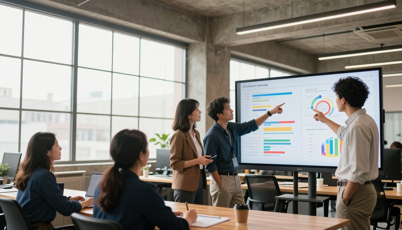 A four-person team collaborating around a shared monitor showing colorful company report charts